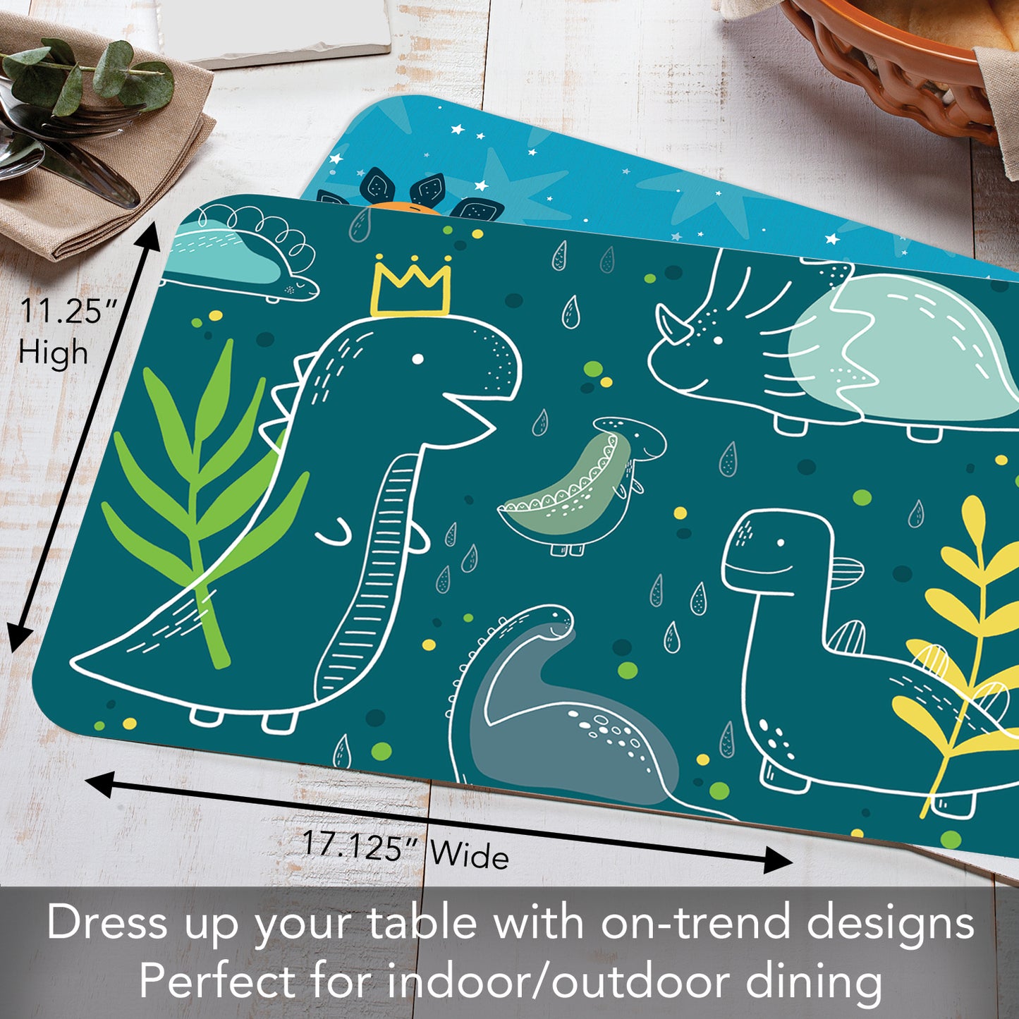 CounterArt 4 Pack Kids Dinosaur Reversible Easy Care Flexible Placemats Made in the USA