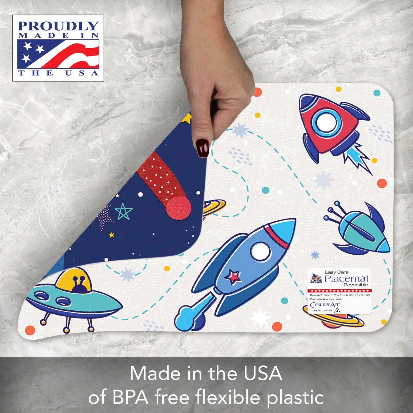 CounterArt Kids Space Flight4 Pack Reversible Easy Care Flexible Placemats Made in the USA