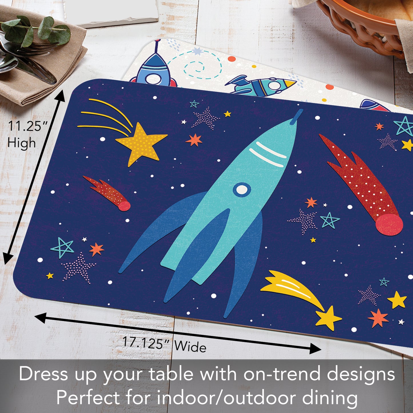 CounterArt Kids Space Flight4 Pack Reversible Easy Care Flexible Placemats Made in the USA