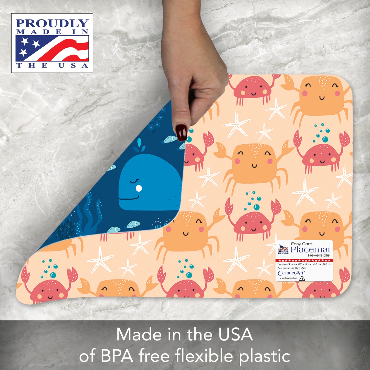 CounterArt Kids Ocean Discovery 4 Pack Reversible Easy Care Flexible Placemats Made in the USA