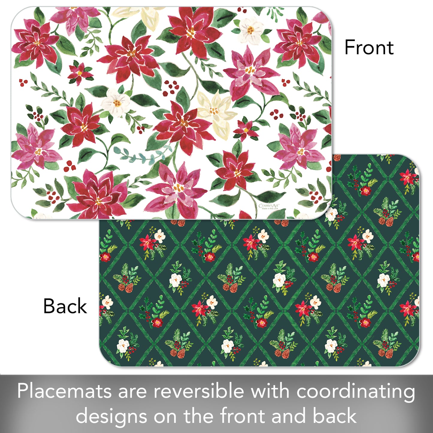 CounterArt Poinsettia Garden 4 Pack Reversible Easy Care Flexible Placemats Made in the USA