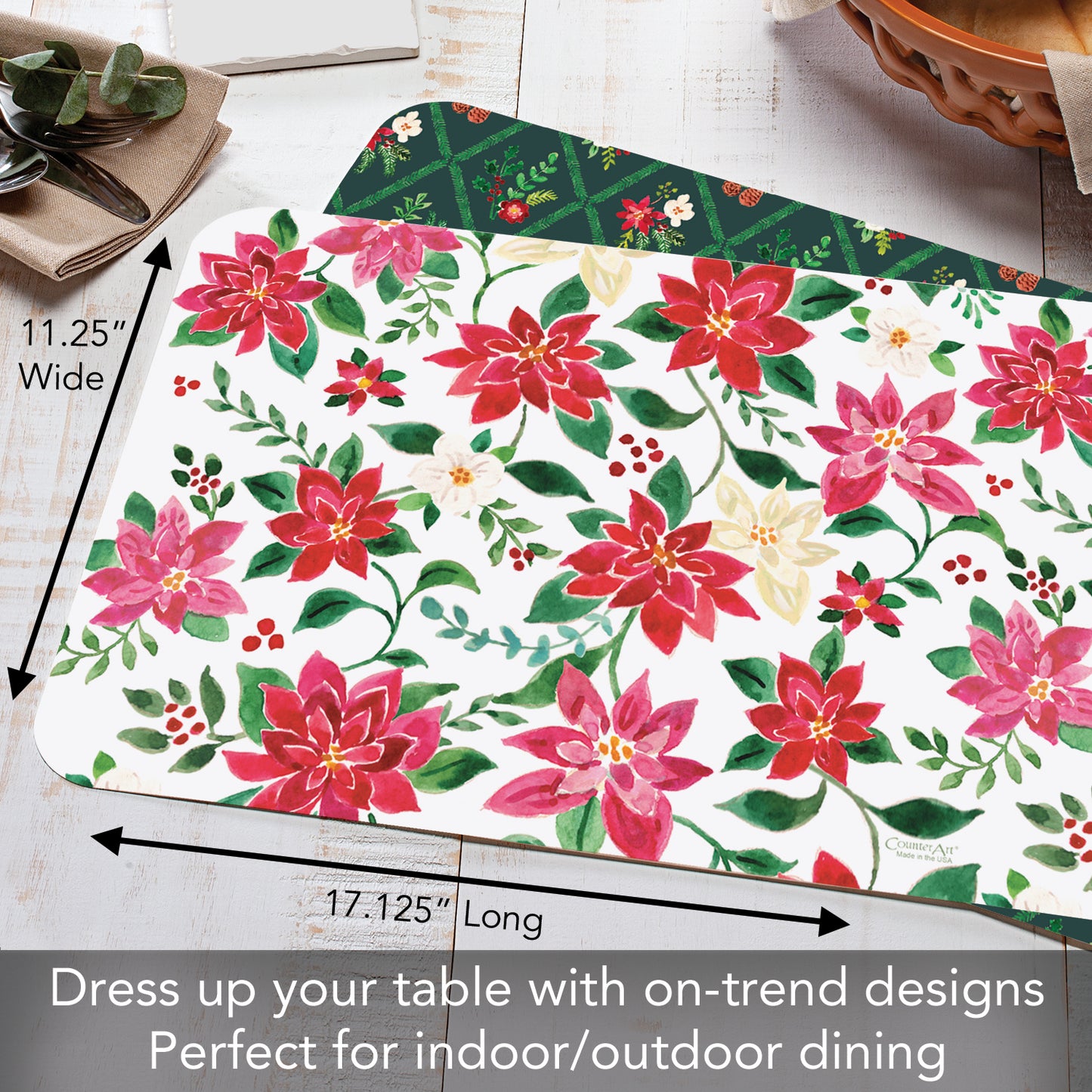 CounterArt Poinsettia Garden 4 Pack Reversible Easy Care Flexible Placemats Made in the USA