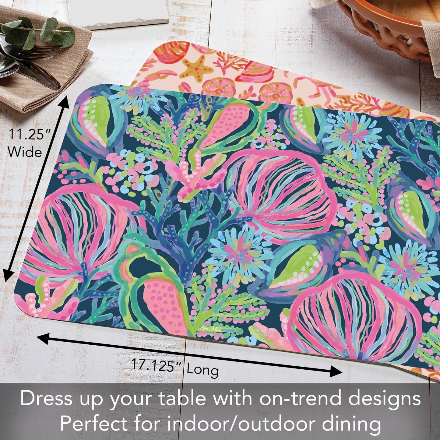 CounterArt Vibrant Sea Life 4 Pack Reversible Easy Care Flexible Placemats Made in the USA