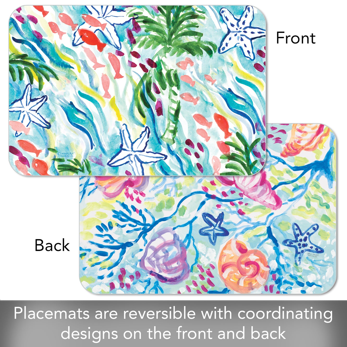 CounterArt Playful Sea 4 Pack Reversible Easy Care Flexible Placemats Made in the USA