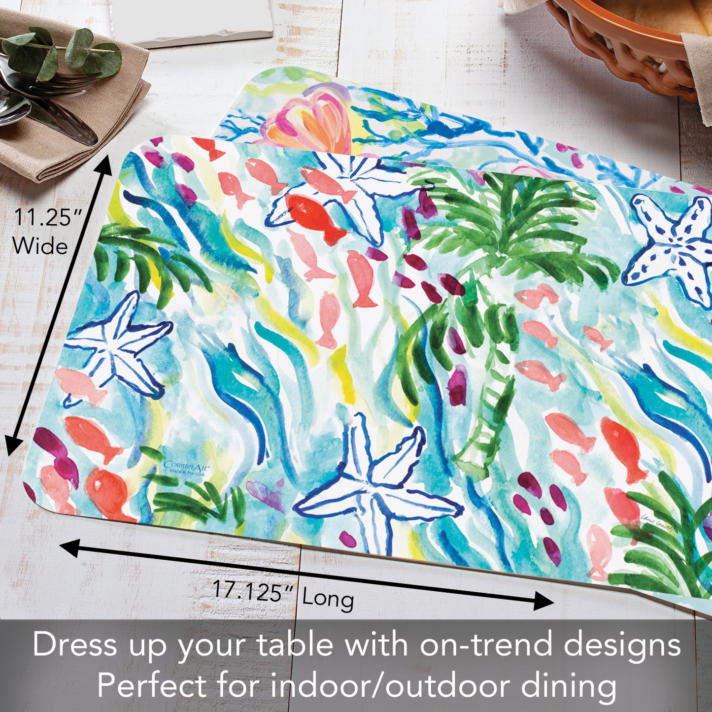 CounterArt Playful Sea 4 Pack Reversible Easy Care Flexible Placemats Made in the USA