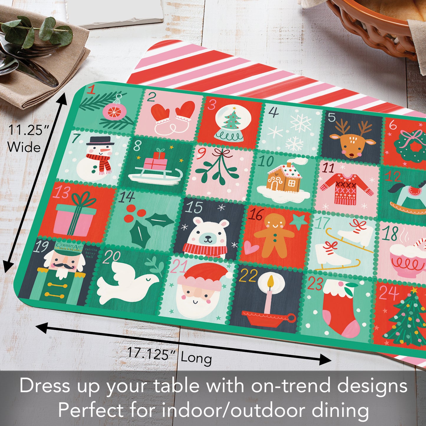 CounterArt Christmas Countdown 4 Pack Reversible Easy Care Flexible Placemats Made in the USA