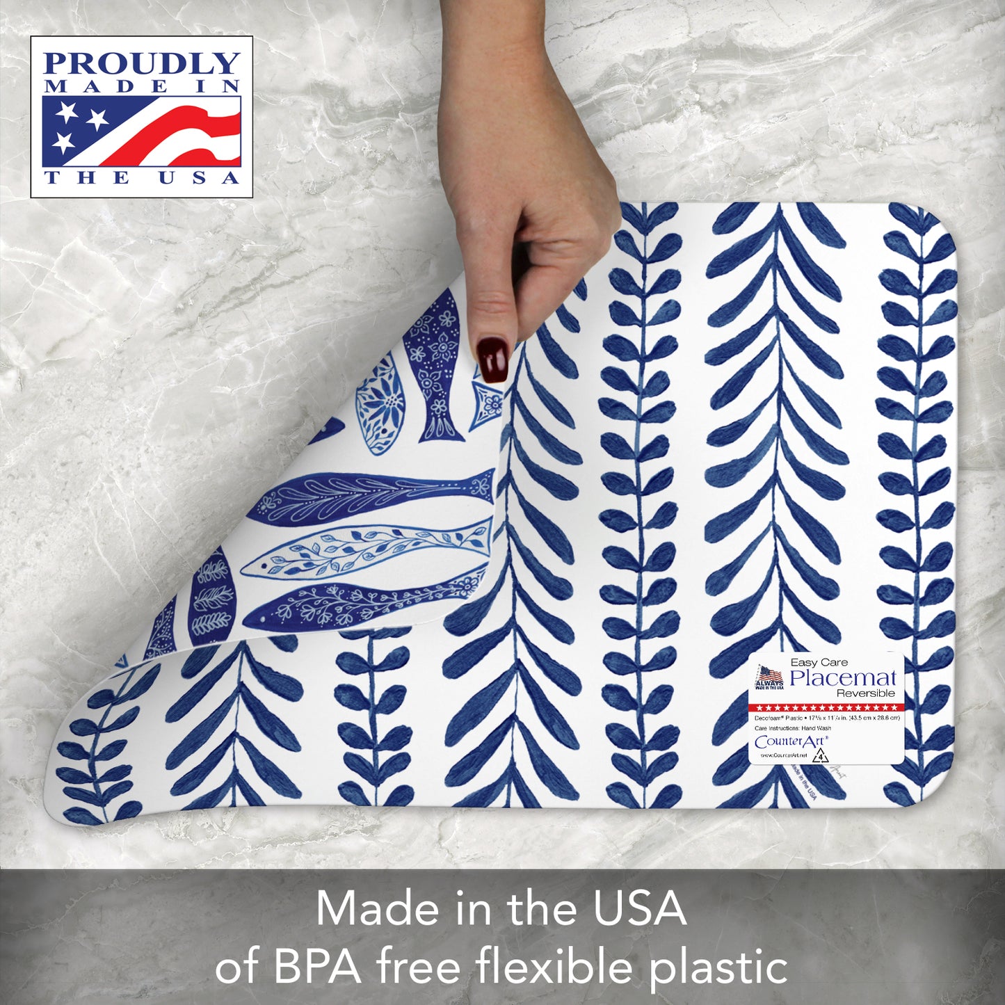 CounterArt Chinoiserie Sea 4 Pack Reversible Easy Care Flexible Placemats Made in the USA