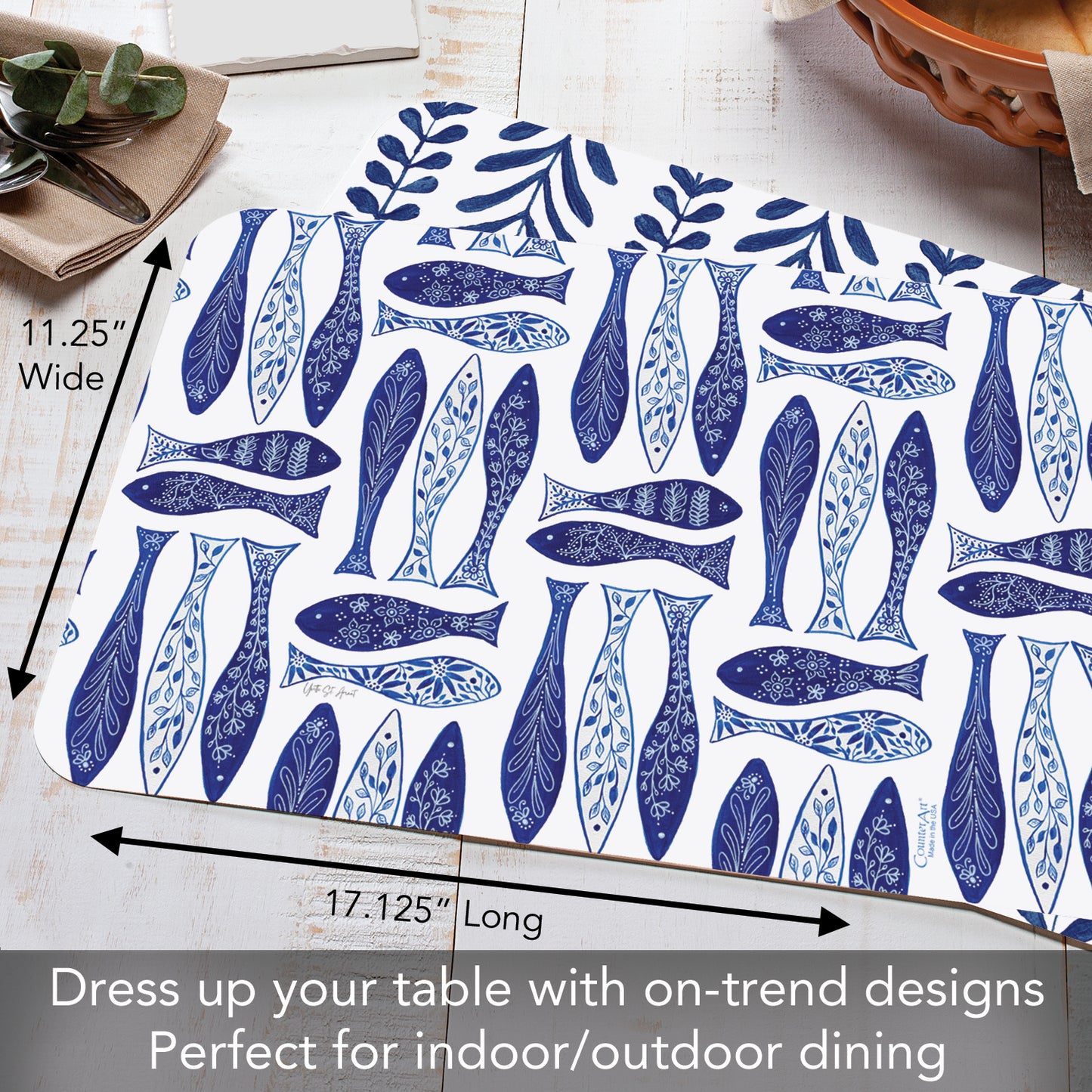 CounterArt Chinoiserie Sea 4 Pack Reversible Easy Care Flexible Placemats Made in the USA