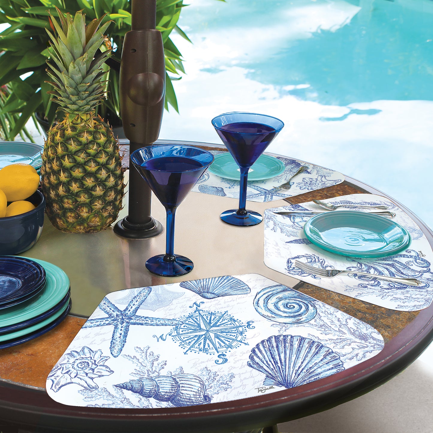 CounterArt Coastal Sketch 4 Pack Wedge Shaped Reversible Easy Care Placemats Made in the USA