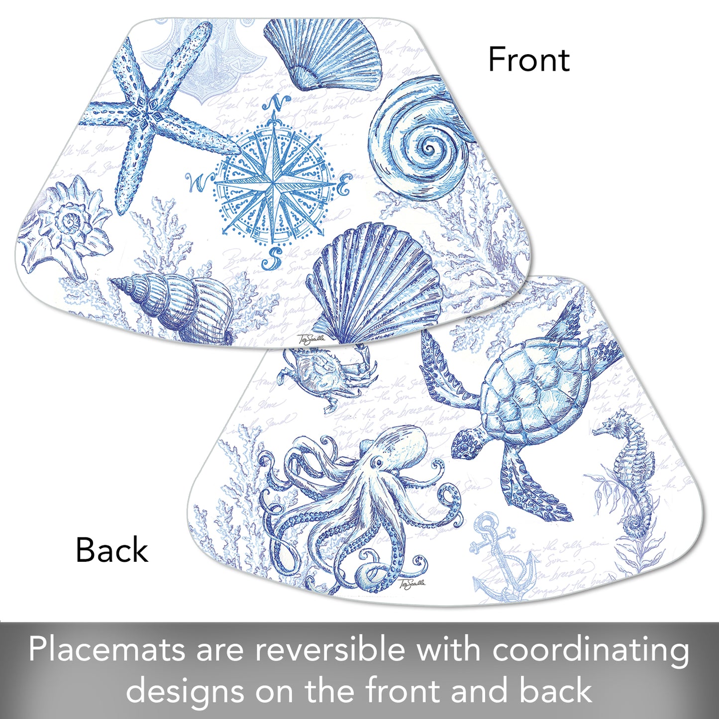 CounterArt Coastal Sketch 4 Pack Wedge Shaped Reversible Easy Care Placemats Made in the USA