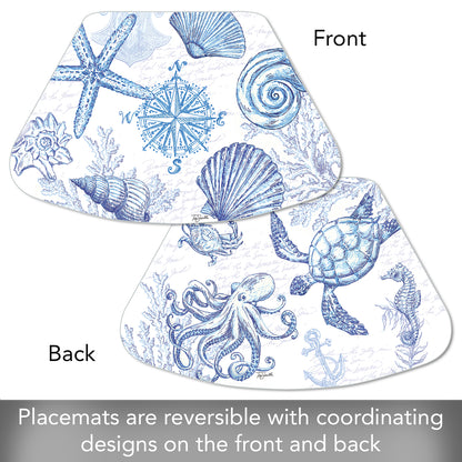 CounterArt Coastal Sketch 4 Pack Wedge Shaped Reversible Easy Care Placemats Made in the USA