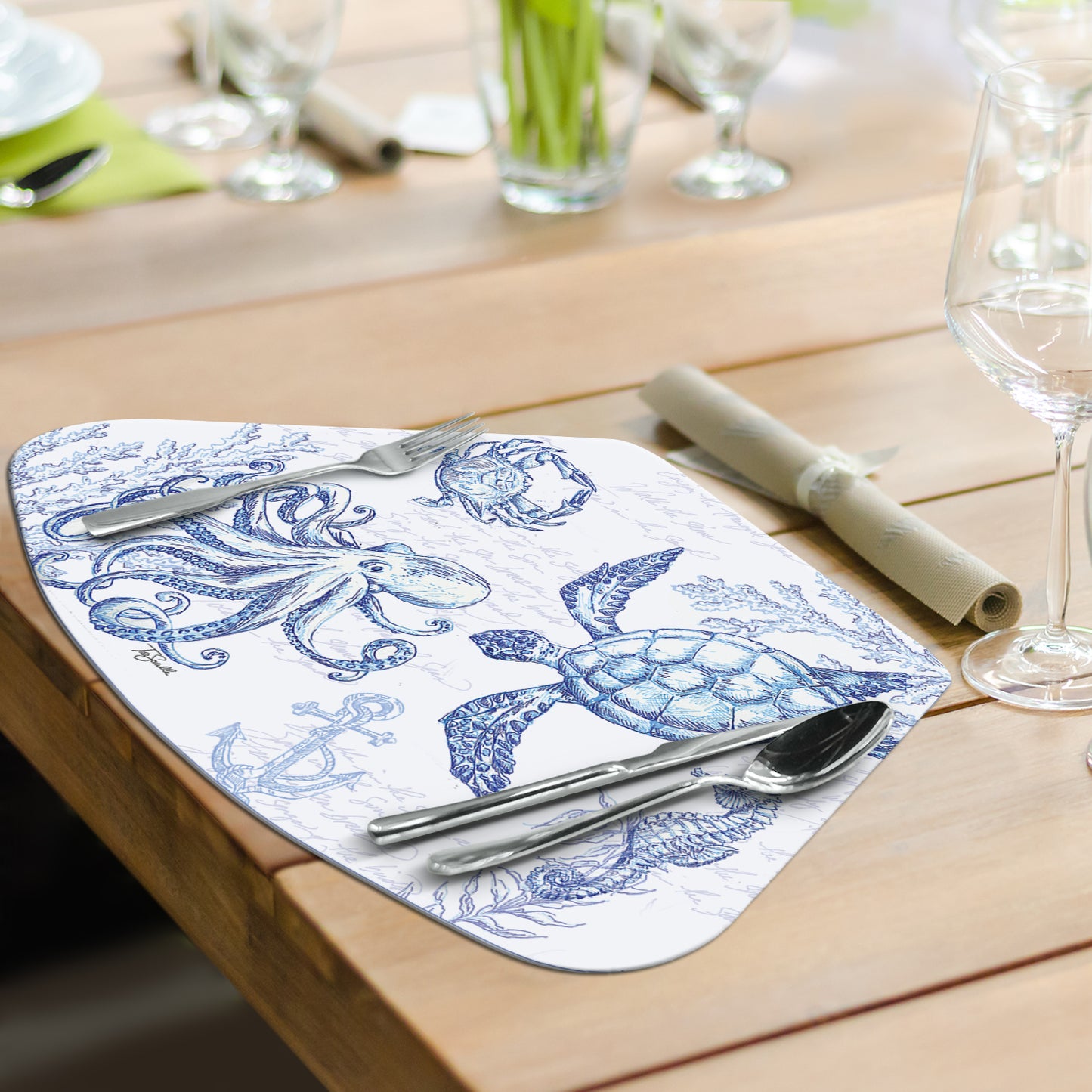 CounterArt Coastal Sketch 4 Pack Wedge Shaped Reversible Easy Care Placemats Made in the USA