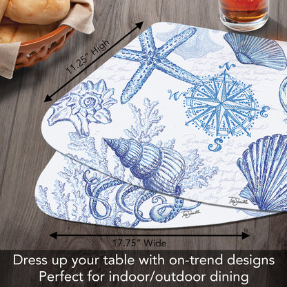 CounterArt Coastal Sketch 4 Pack Wedge Shaped Reversible Easy Care Placemats Made in the USA