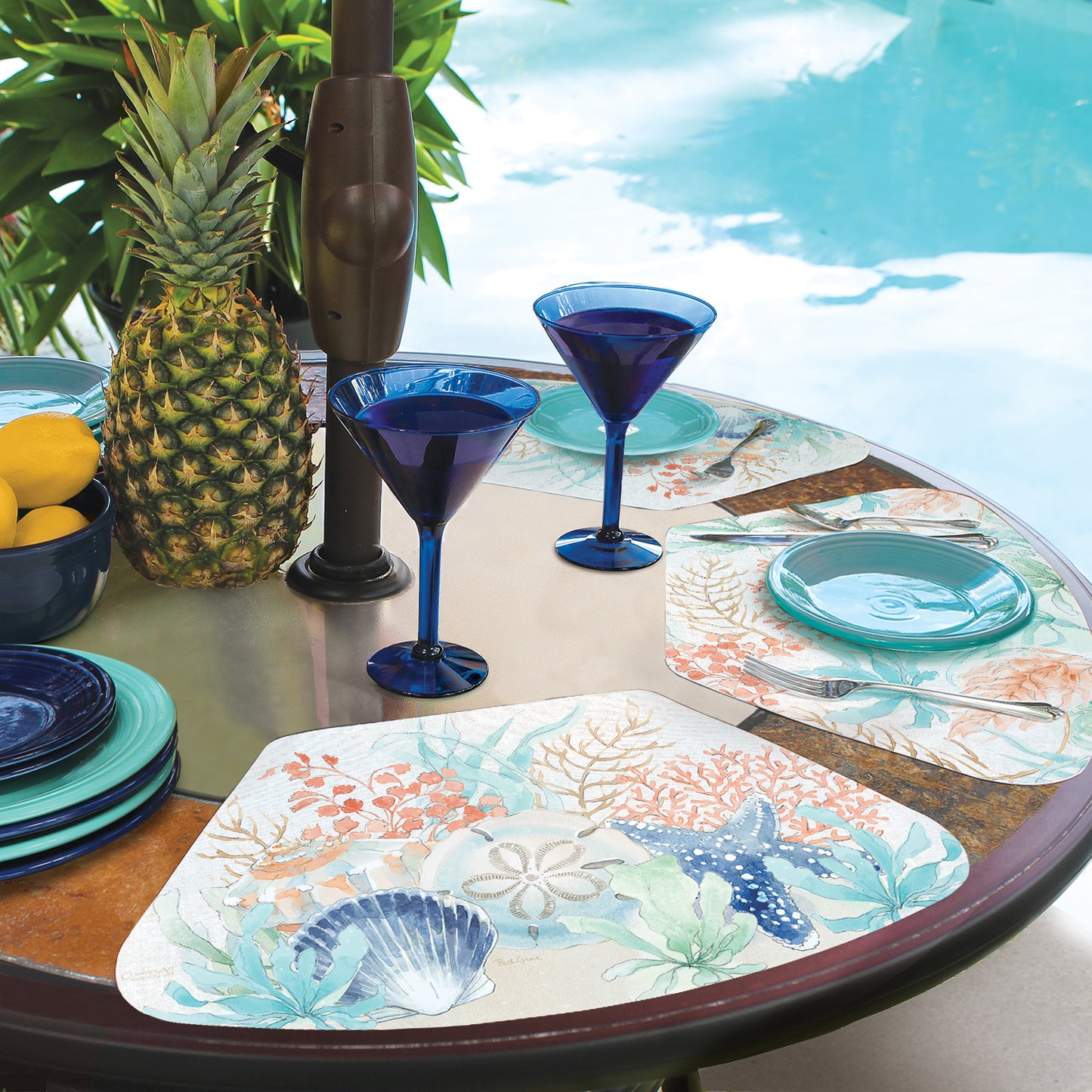 CounterArt Seaside Wedge Shaped Reversible Easy Care Flexible Placemat 4 Pack Made in the USA 17.75" x 11.25"