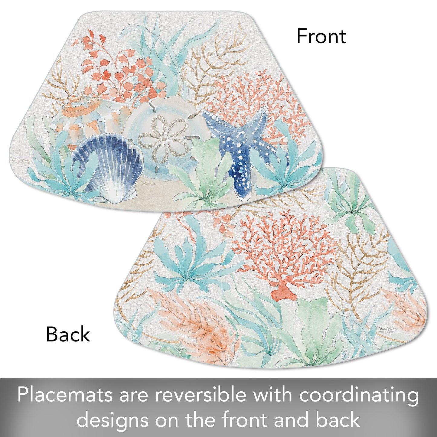 CounterArt Seaside Wedge Shaped Reversible Easy Care Flexible Placemat 4 Pack Made in the USA 17.75" x 11.25"