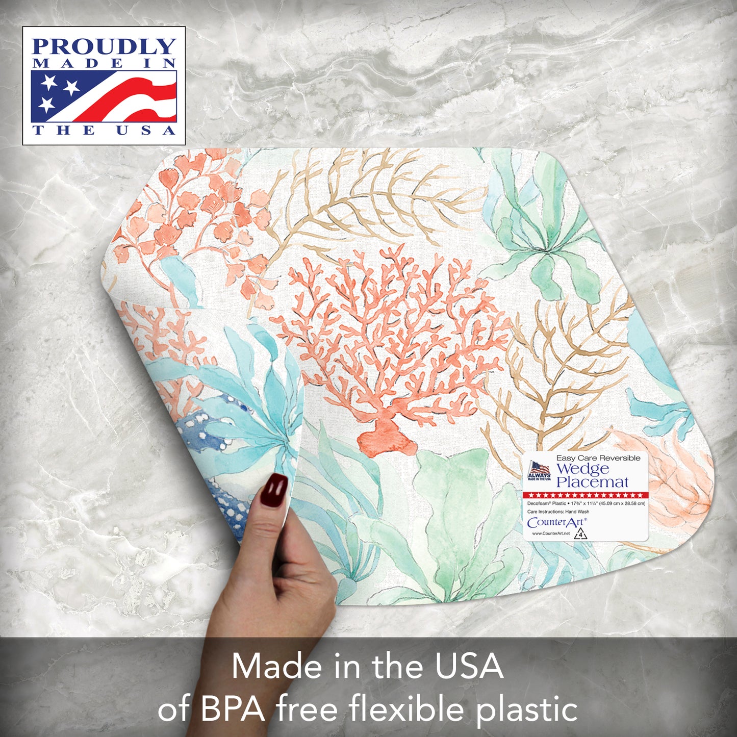 CounterArt Seaside Wedge Shaped Reversible Easy Care Flexible Placemat 4 Pack Made in the USA 17.75" x 11.25"