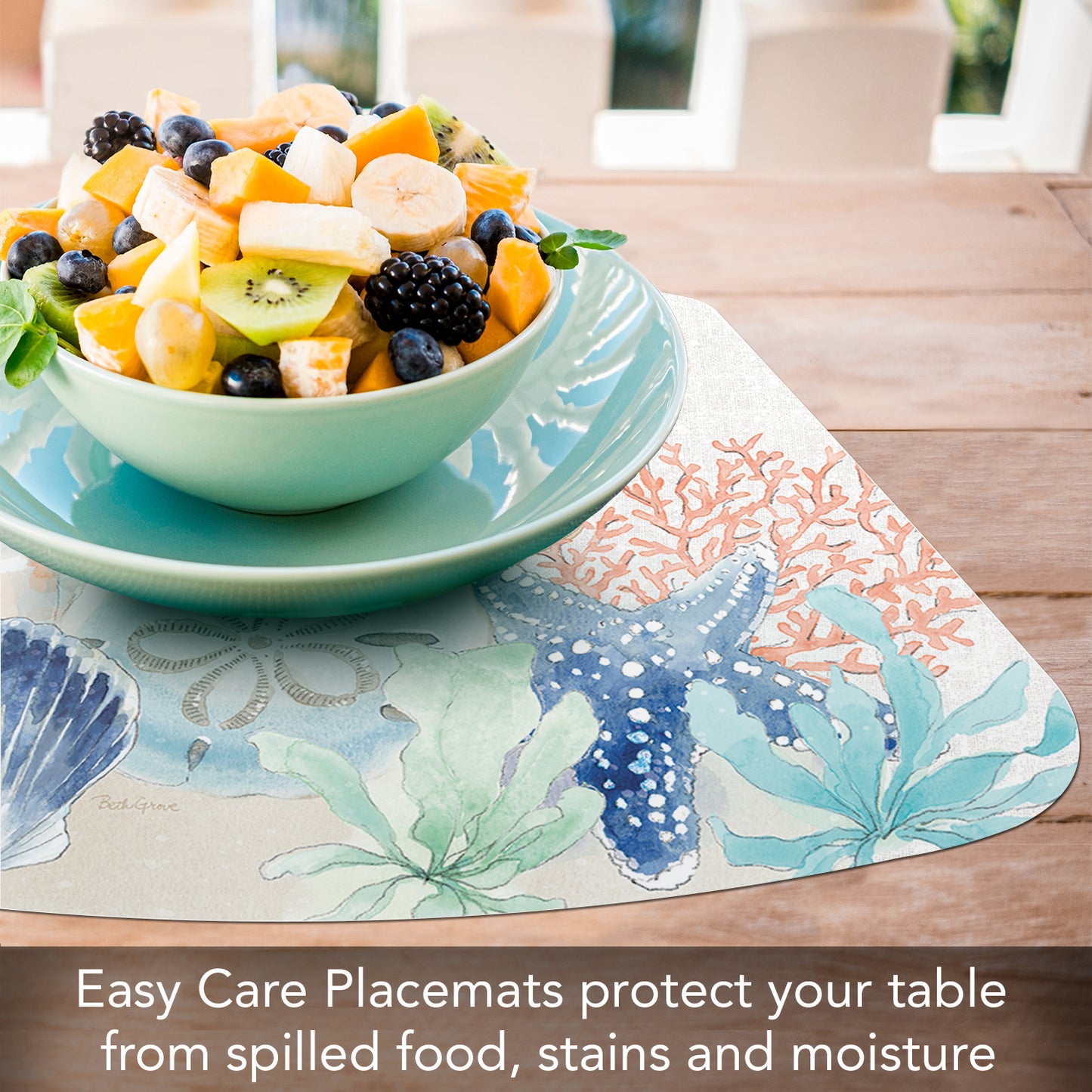 CounterArt Seaside Wedge Shaped Reversible Easy Care Flexible Placemat 4 Pack Made in the USA 17.75" x 11.25"