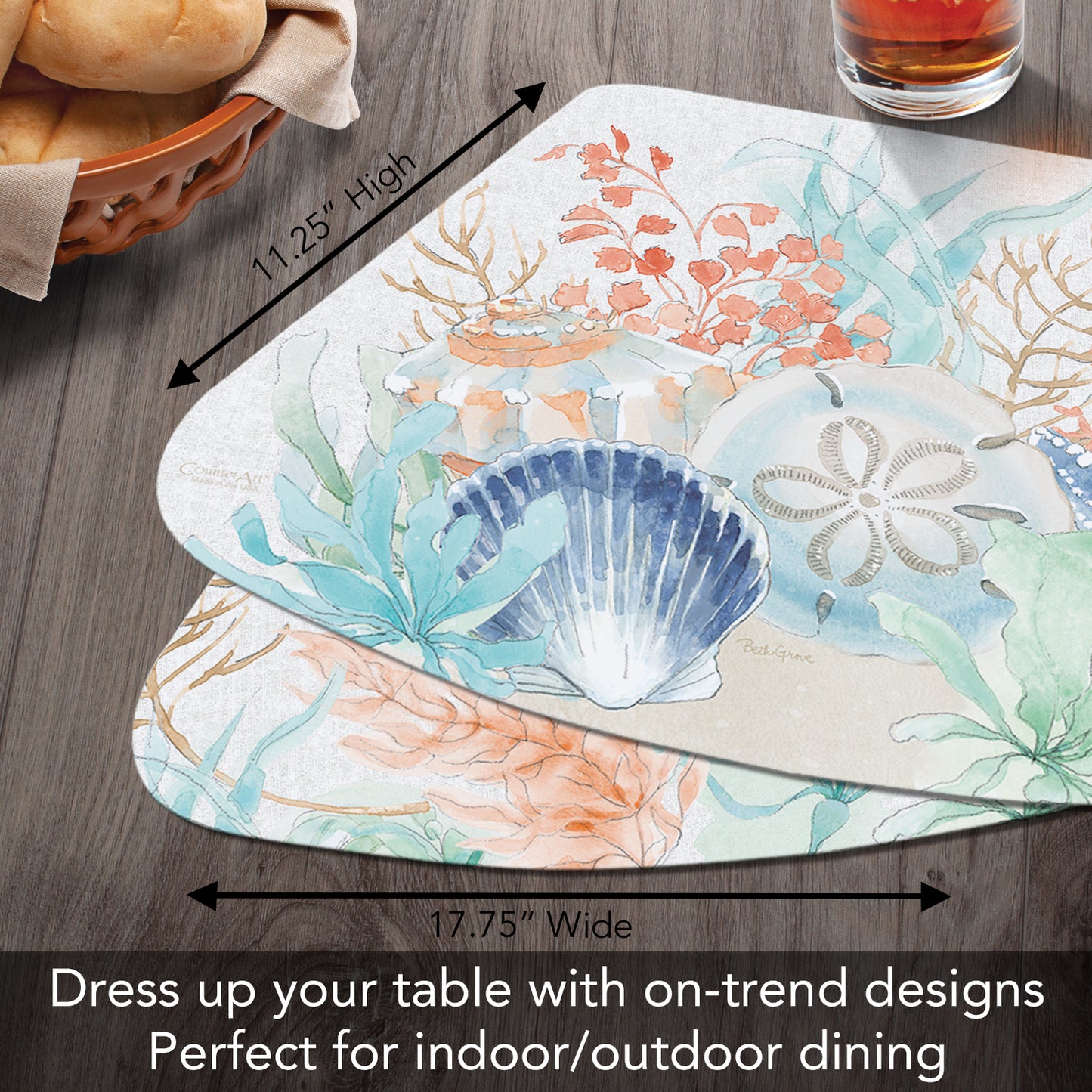 CounterArt Seaside Wedge Shaped Reversible Easy Care Flexible Placemat 4 Pack Made in the USA 17.75" x 11.25"