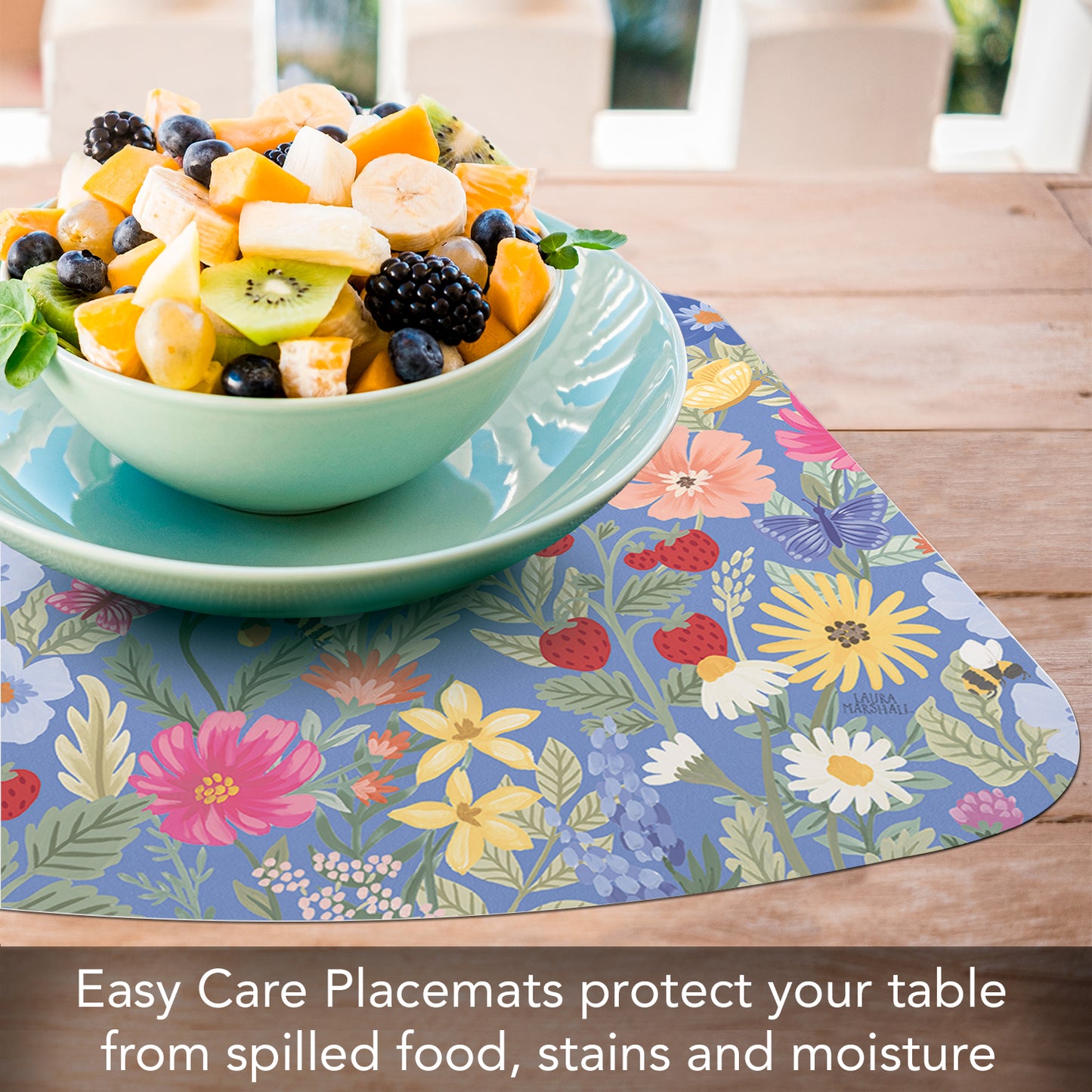 CounterArt Meadow Floral 4 Pack Wedge Shaped Reversible Easy Care Flexible Placemat Made in the USA 17.75" x 11.25"