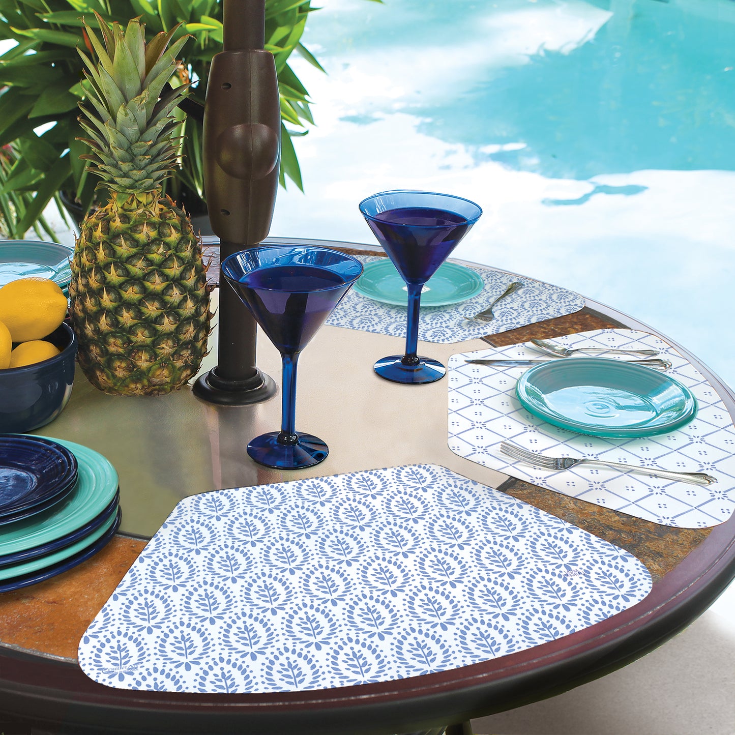 CounterArt Blue Tile Pattern 4 Pack Wedge Shaped Reversible Easy Care Placemats Made in the USA