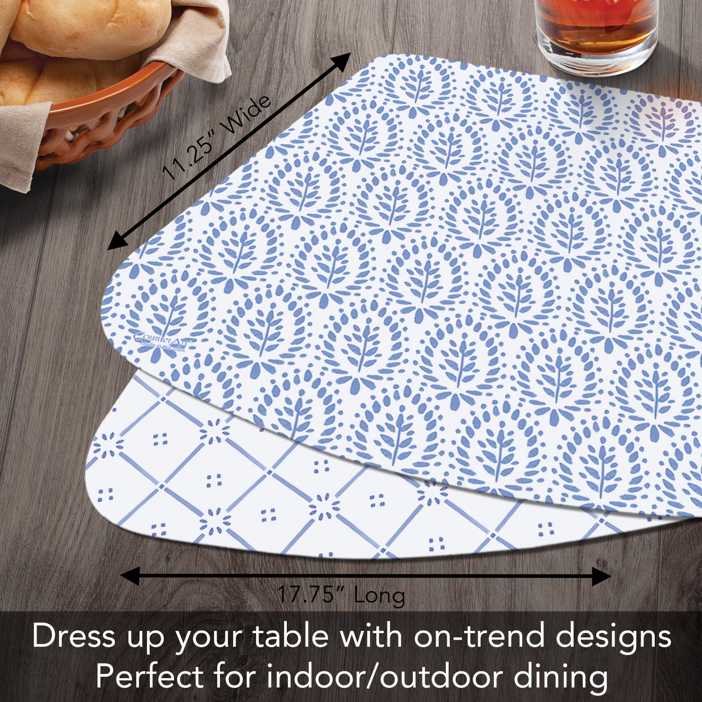 CounterArt Blue Tile Pattern 4 Pack Wedge Shaped Reversible Easy Care Placemats Made in the USA