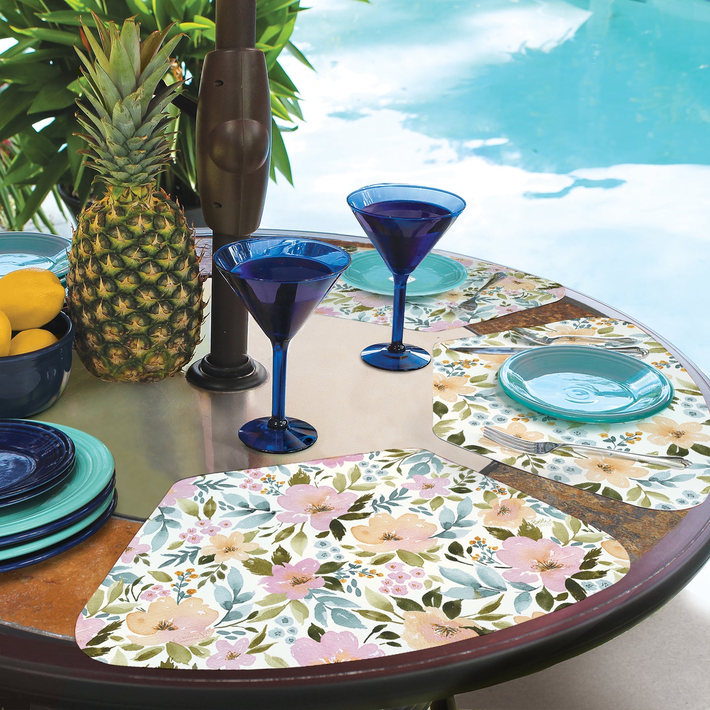 CounterArt Cascade Floral 4 Pack Wedge Shaped Reversible Placemats Made in the USA