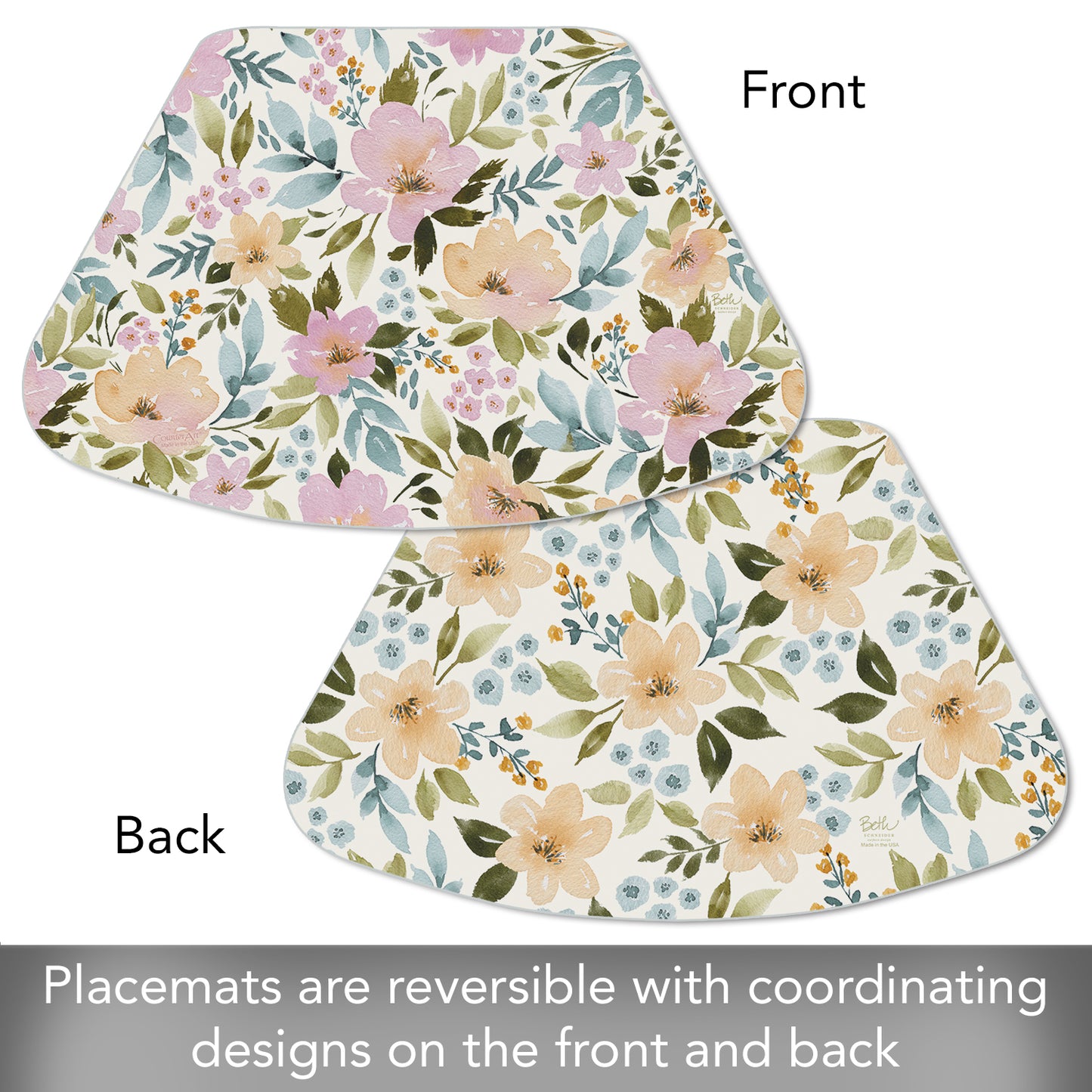 CounterArt Cascade Floral 4 Pack Wedge Shaped Reversible Placemats Made in the USA