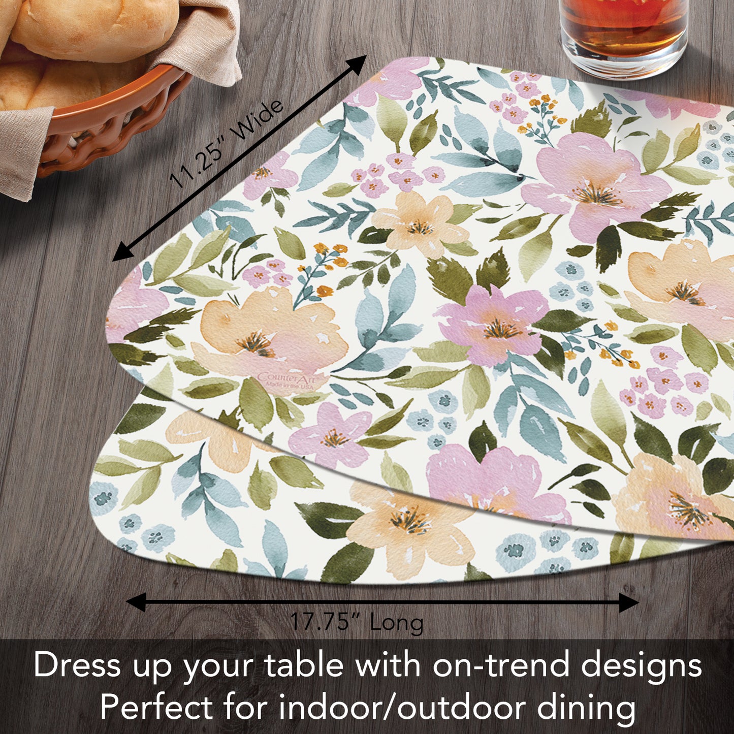 CounterArt Cascade Floral 4 Pack Wedge Shaped Reversible Placemats Made in the USA