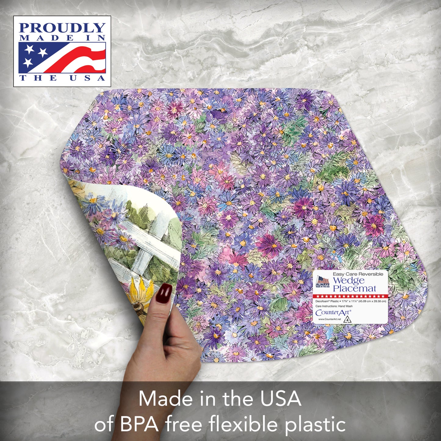CounterArt Springtime Garden 4 Pack Wedge Shaped Reversible Easy Care Placemats Made in the USA 17.75" x 11.25"