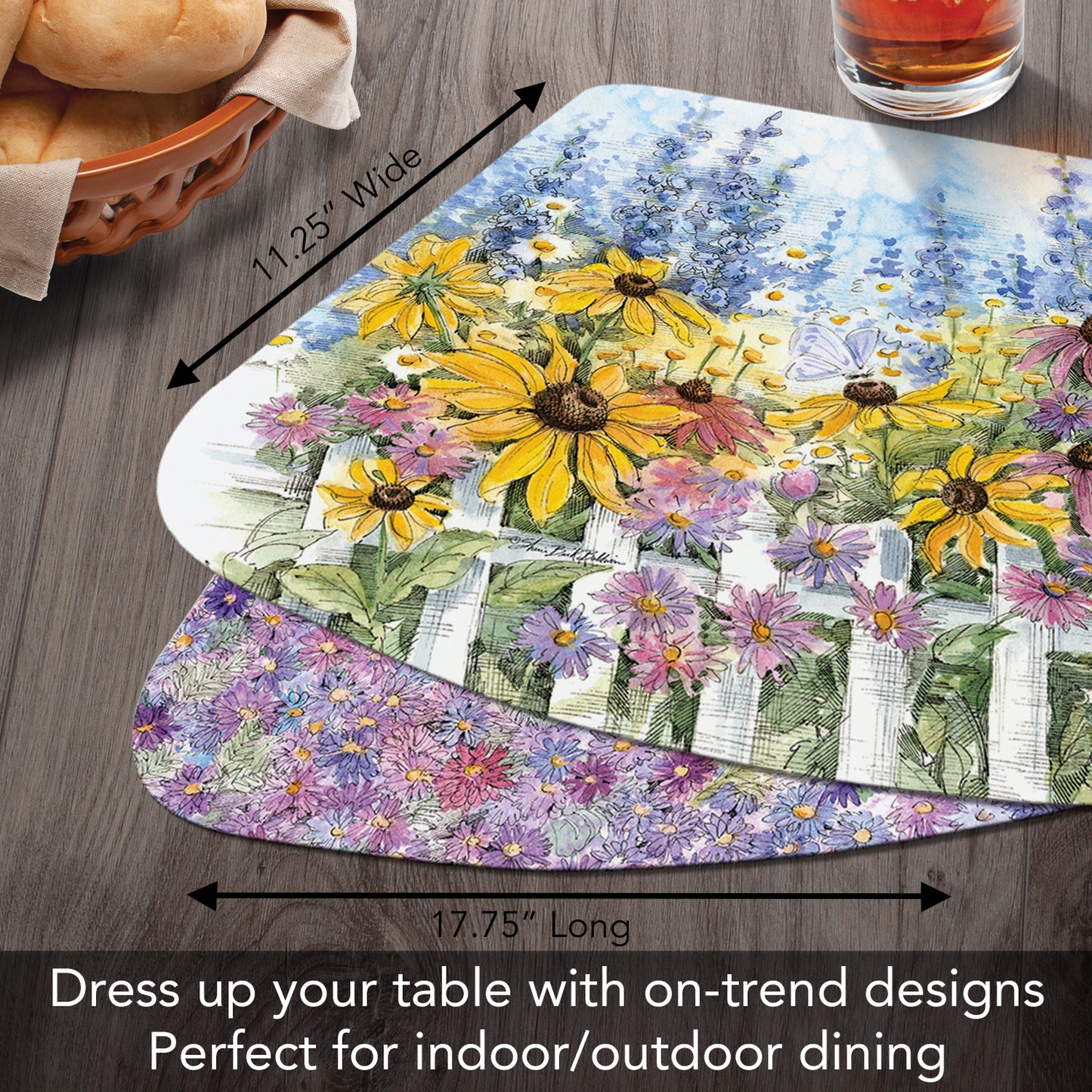 CounterArt Springtime Garden 4 Pack Wedge Shaped Reversible Easy Care Placemats Made in the USA 17.75" x 11.25"
