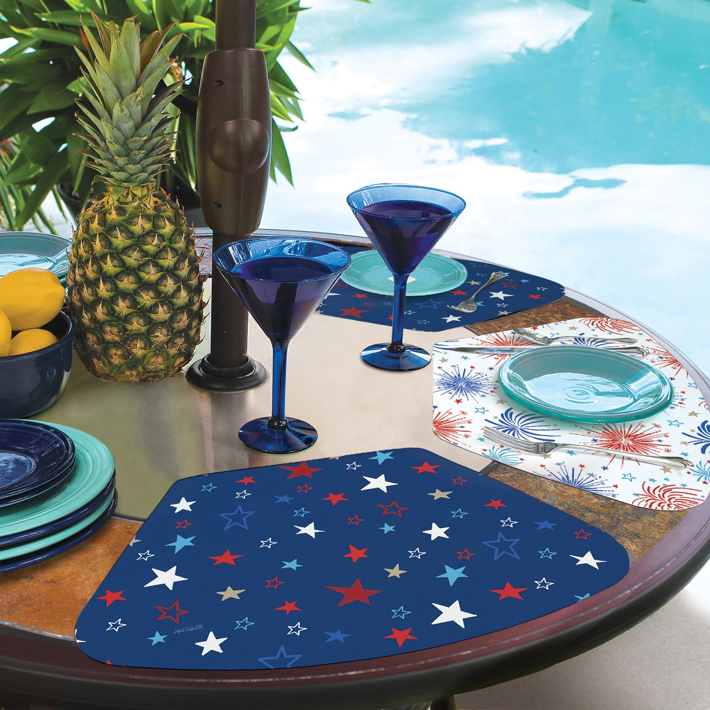 CounterArt Star Spangled 4 Pack Wedge Shaped Reversible Easy Care Placemats Made in the USA