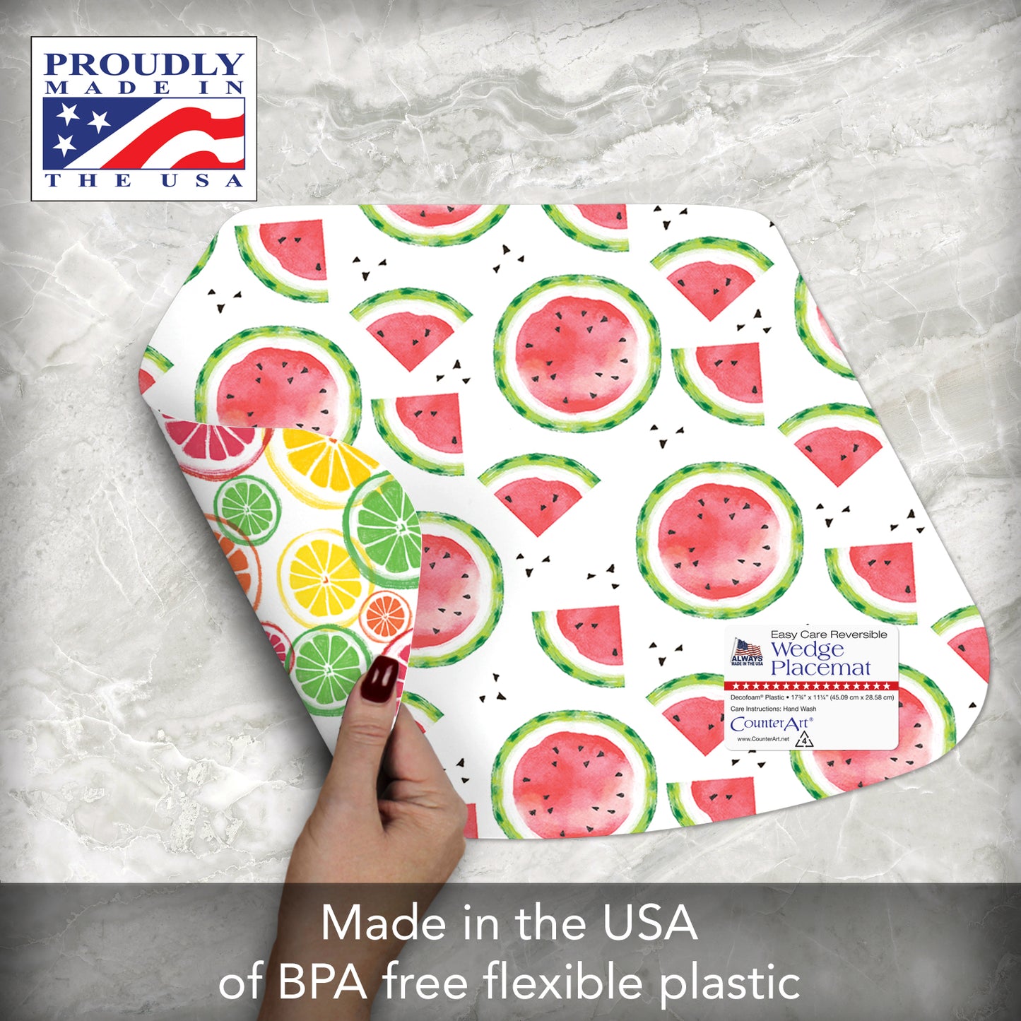 CounterArt Fruity Summer 4 Pack Wedge Shaped Reversible Easy Care Placemats Made in the USA
