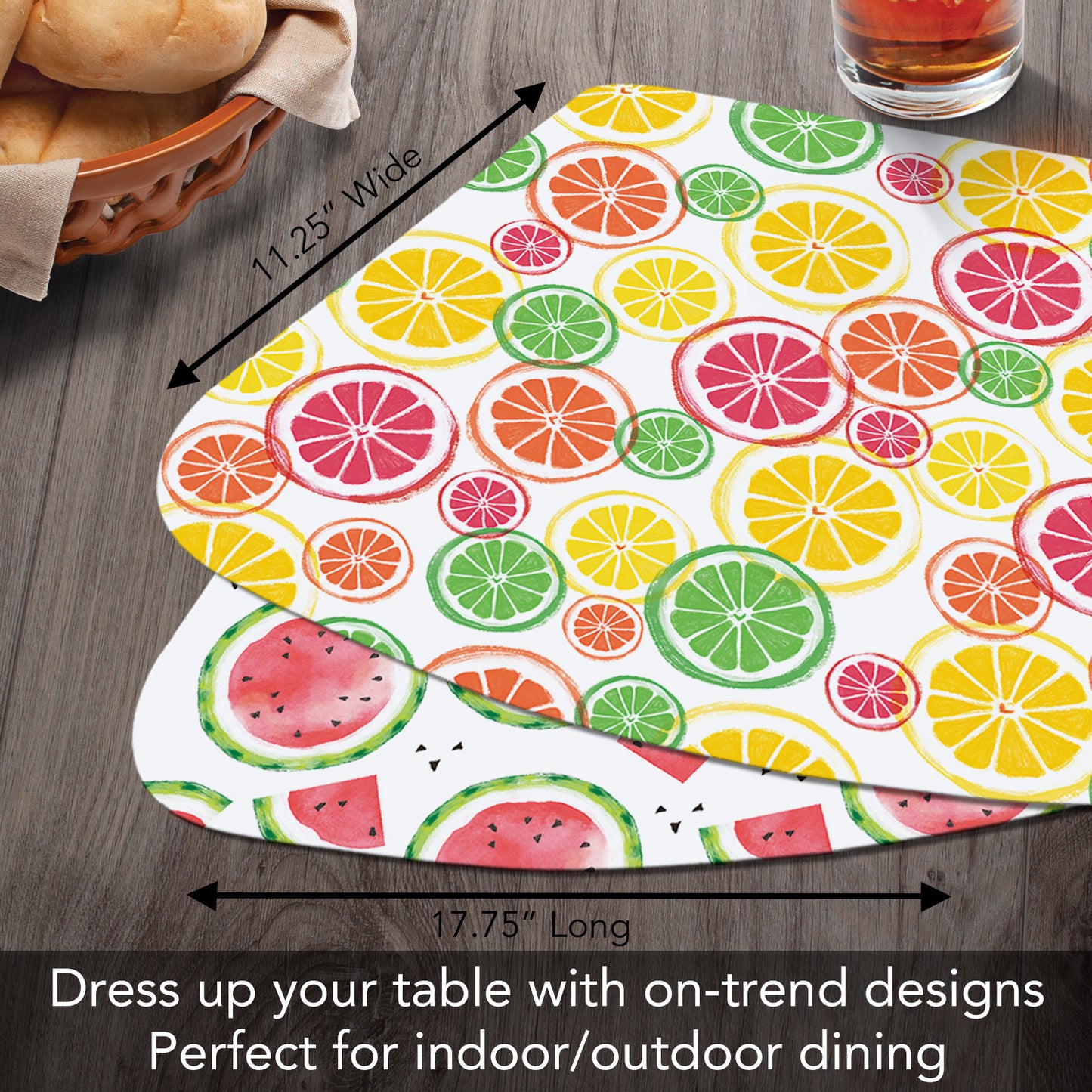 CounterArt Fruity Summer 4 Pack Wedge Shaped Reversible Easy Care Placemats Made in the USA