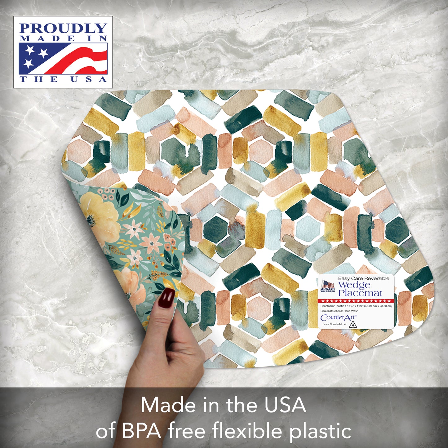 CounterArt Modern Floral 4 Pack Wedge Shaped Reversible Easy Care Placemats Made in the USA