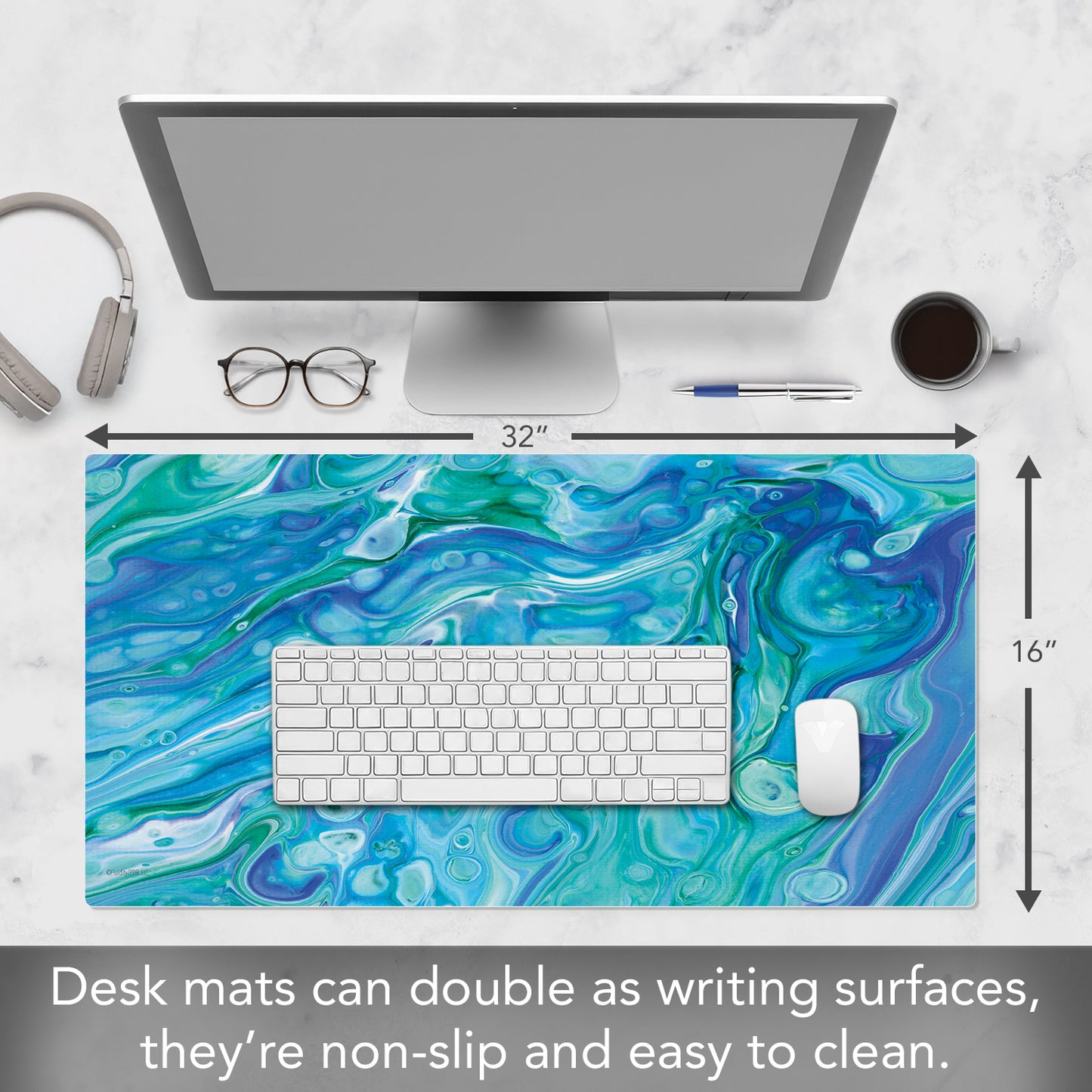 CounterArt Blue Fluidity Large Waterproof Desk Protector 32” x 16” Made in The USA Desk Mat Office Mat Large Mouse Pad