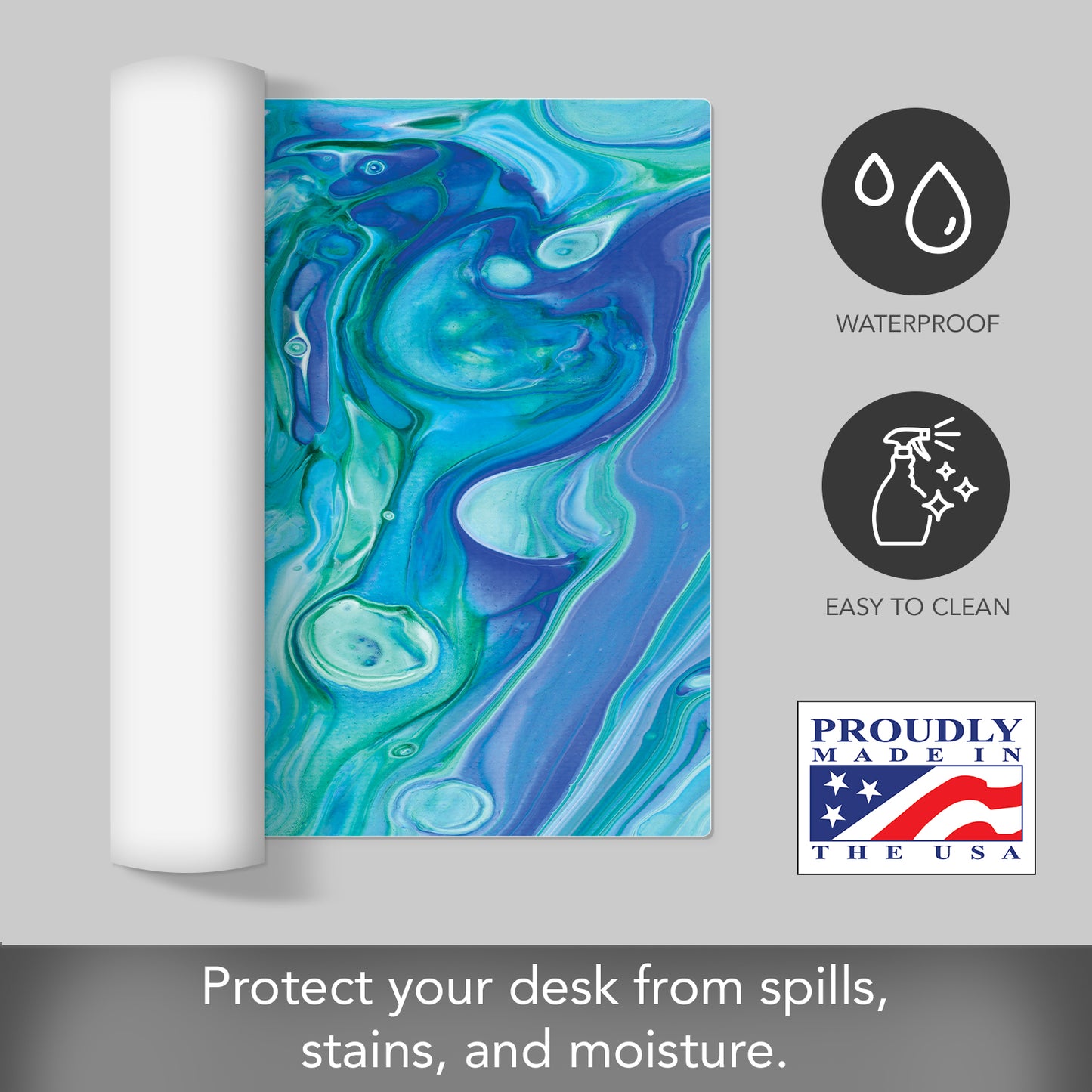 CounterArt Blue Fluidity Large Waterproof Desk Protector 32” x 16” Made in The USA Desk Mat Office Mat Large Mouse Pad