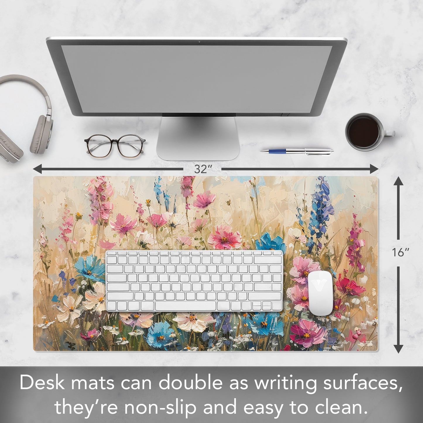 CounterArt Wildflower Spring Large Waterproof Desk Protector 32” x 16” Made in The USA Desk Mat Office Mat Large Mouse Pad