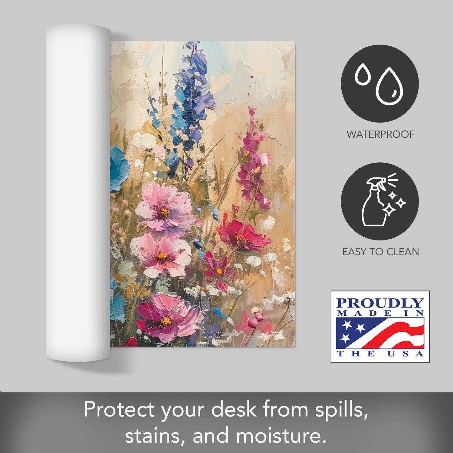 CounterArt Wildflower Spring Large Waterproof Desk Protector 32” x 16” Made in The USA Desk Mat Office Mat Large Mouse Pad