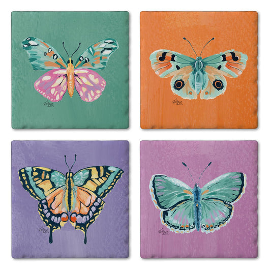 Thirstystone Butterfly Beauties 4 Pack Assorted Tumbled Tile Stone Coasters 4" Square