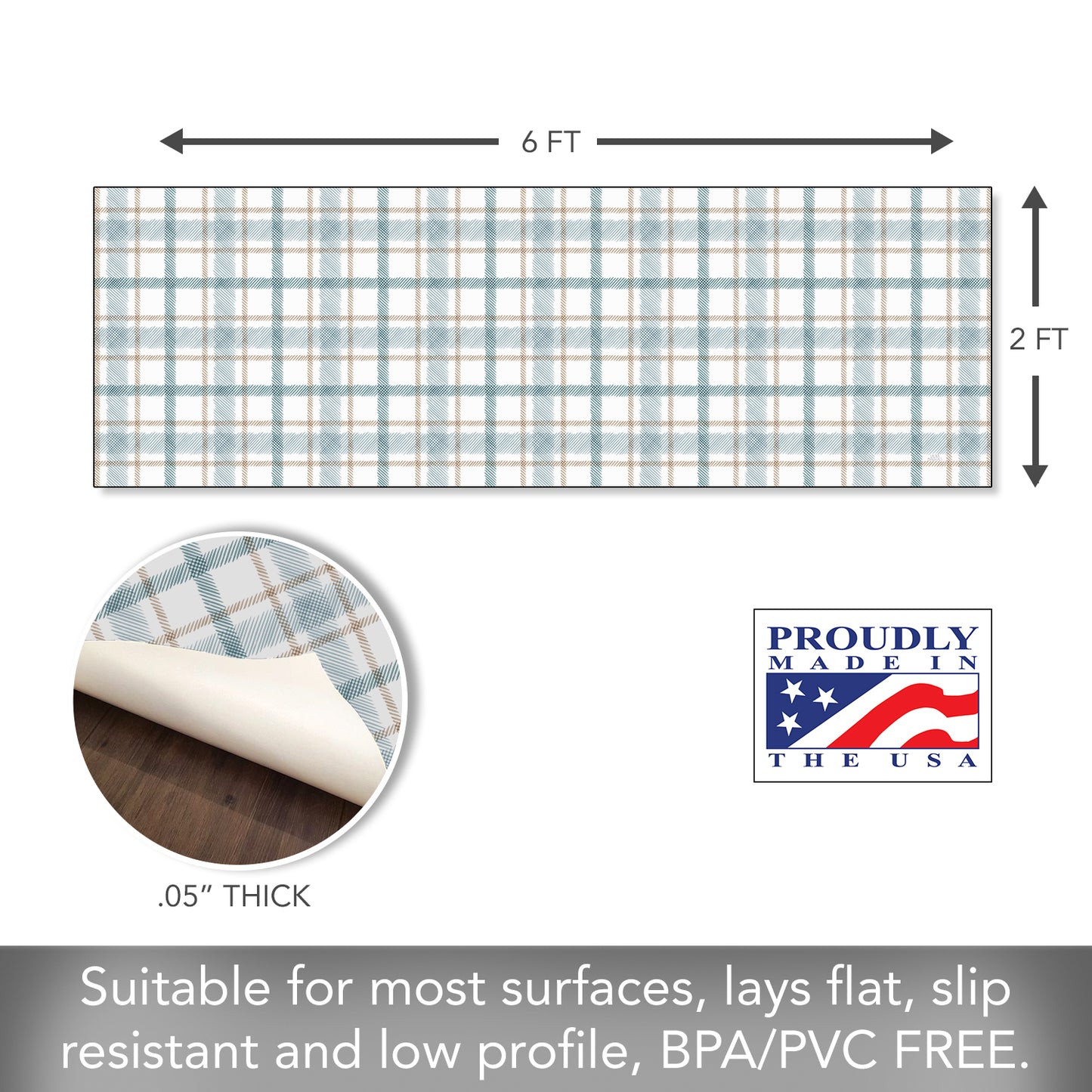 Highland Home Ticking Plaid Deco-Floormat, Decorative Mat, Designer Rug, Waterproof, Low Profile, Eco-Friendly Non Slip, Made in The USA