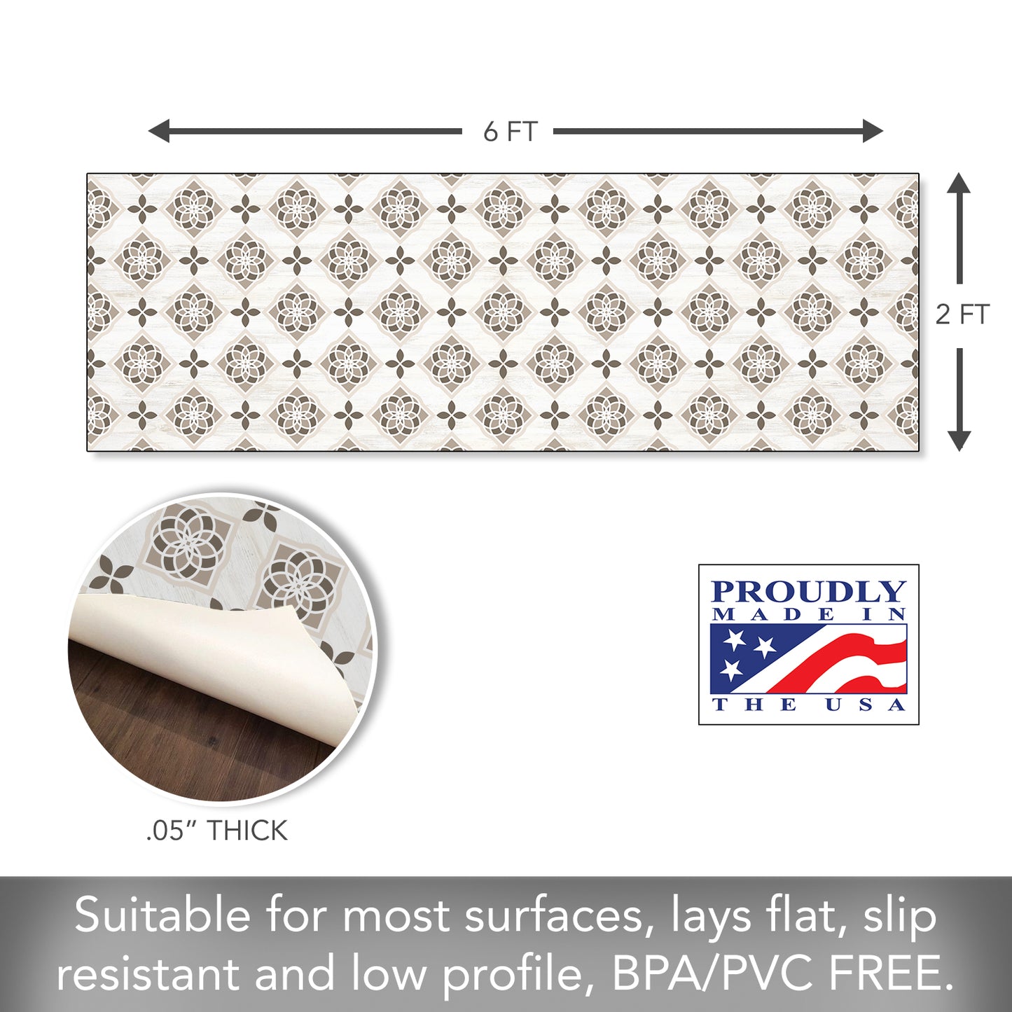 Highland Home Neutral Tiles Design Deco-Floormat, Decorative Mat, Designer Rug, Waterproof, Low Profile, Eco-Friendly Non Slip, Made in The USA