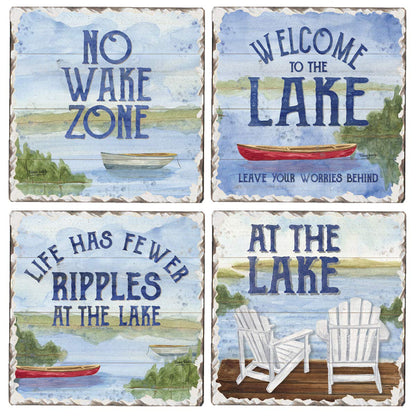Thirstystone Lake House Greetings 4-Pack Assorted Tumbled Tile Stone Coasters Manufactured in The USA 4" Square