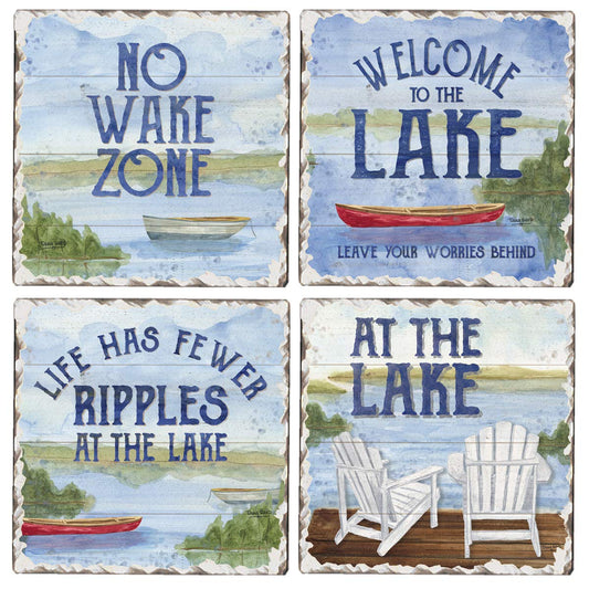 Thirstystone Lake House Greetings 4-Pack Assorted Tumbled Tile Stone Coasters Manufactured in The USA 4" Square