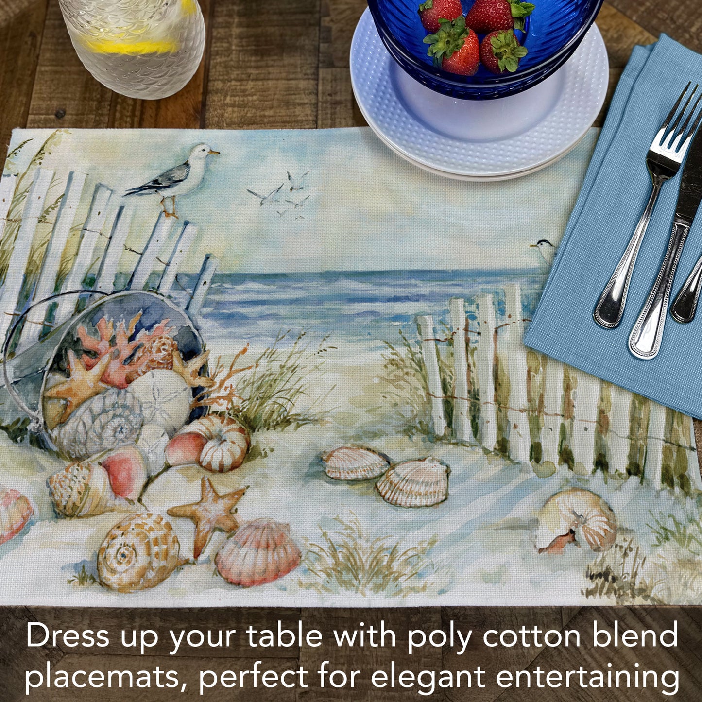 Highland Home Coastal Sanctuary 4 Pack Poly-Cotton Blend Fabric Placemats 18" x 12" Manufactured in The USA