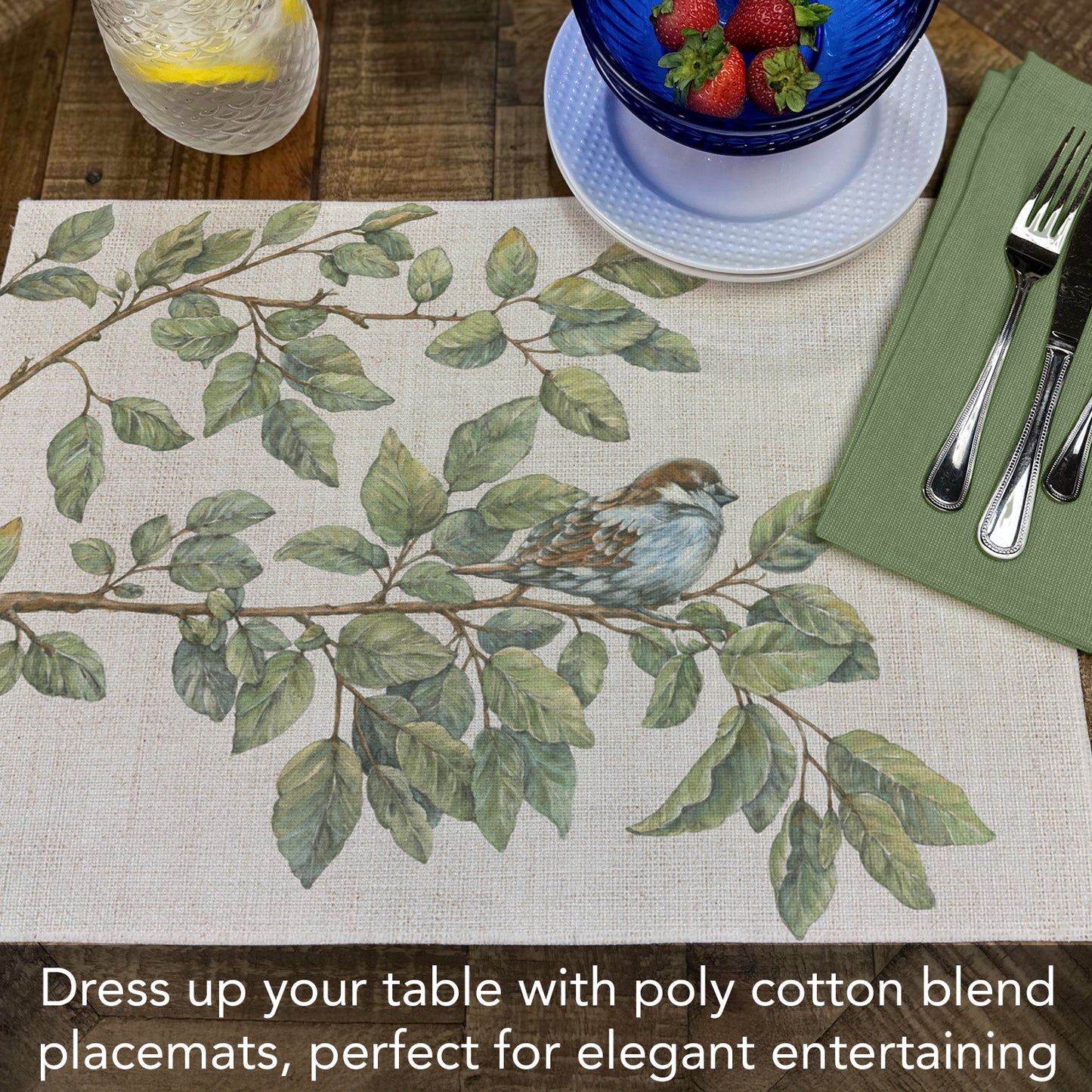 Highland Home Bird On A Branch 4 Pack Poly-Cotton Blend Fabric Placemats 18" x 12" Manufactured in The USA