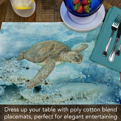 Highland Home Under Sea Turtle 4 Pack Poly-Cotton Blend Fabric Placemats 18" x 12" Manufactured in The USA