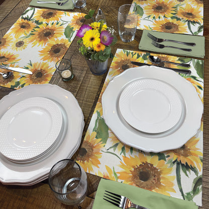 Highland Home Sunflowers 4 Pack Poly-Cotton Blend Fabric Placemats 18" x 12" Manufactured in The USA