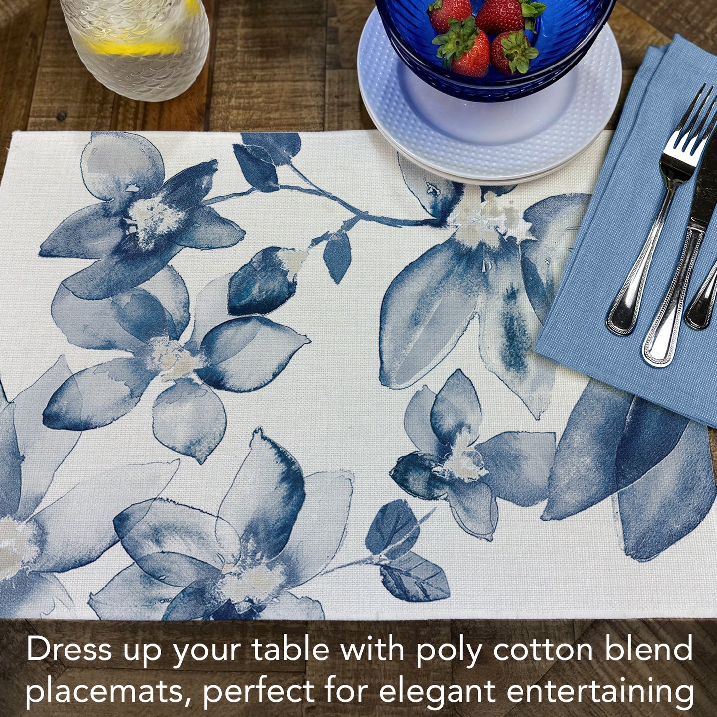 Highland Home Blooming Whispers 4 Pack Poly-Cotton Blend Fabric Placemats 18" x 12" Manufactured in The USA