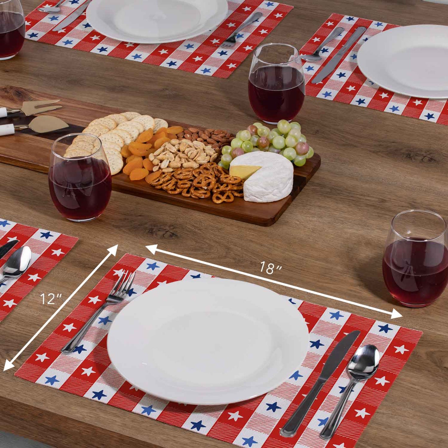 Highland Home Patriotic Picnic 4 Pack Poly-Cotton Blend Fabric Placemats 18" x 12" Manufactured in The USA