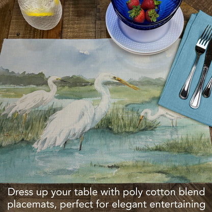 Highland Home Egret Family 4 Pack Premier Poly-Cotton Blend Fabric Placemats 18" x 12" Manufactured in The USA
